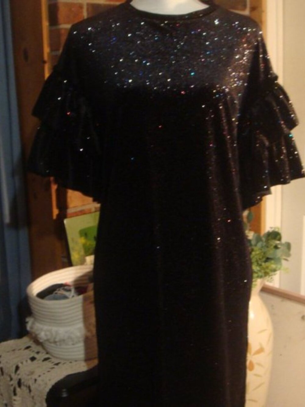 H&M Velour Black SPARKLE Ruffle Sleeve Party Dress XS - Picture 5 of 8